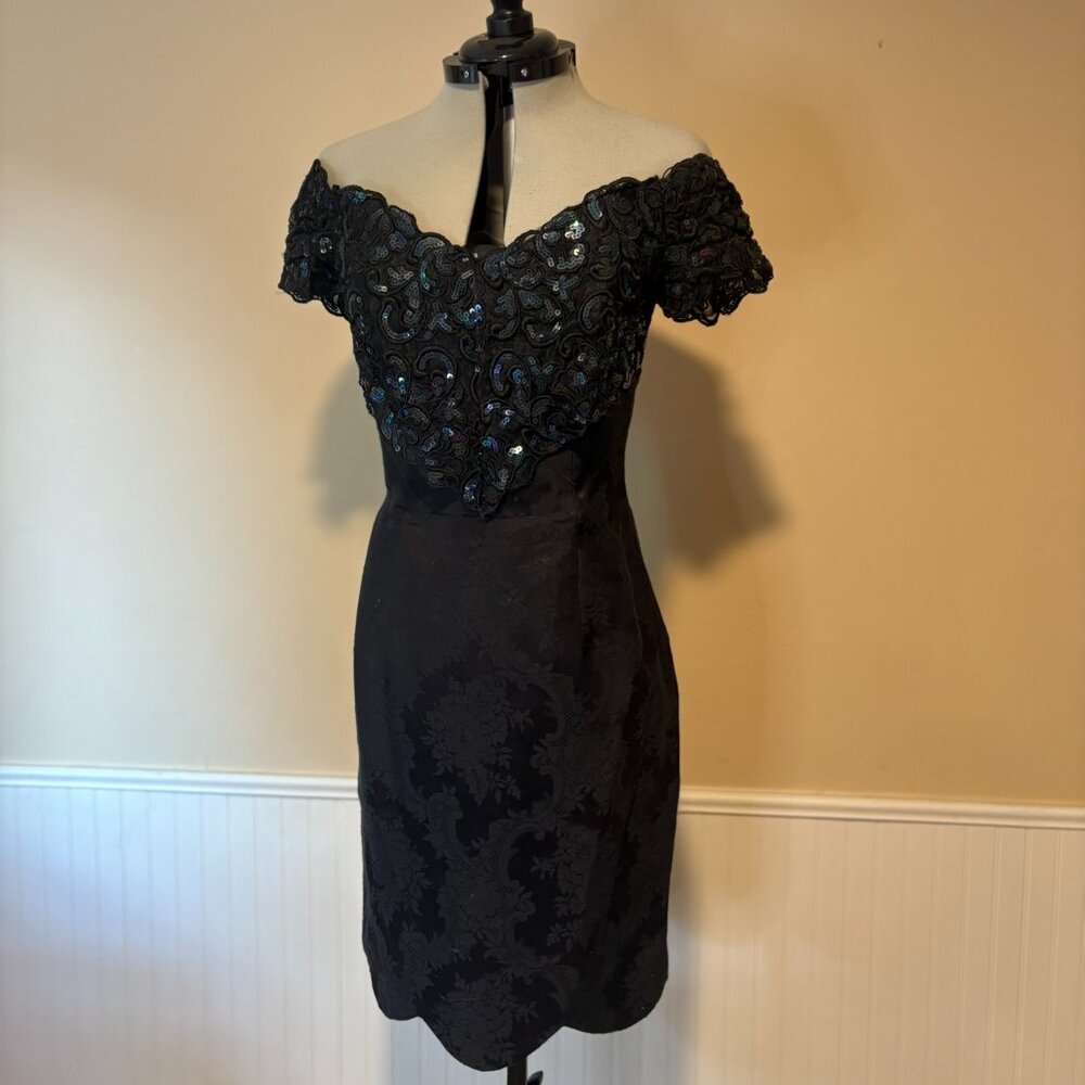 JESSICA McCLINTOCK Off-Shoulder Damask + Sequins Black Party Dress | 80s Size 4